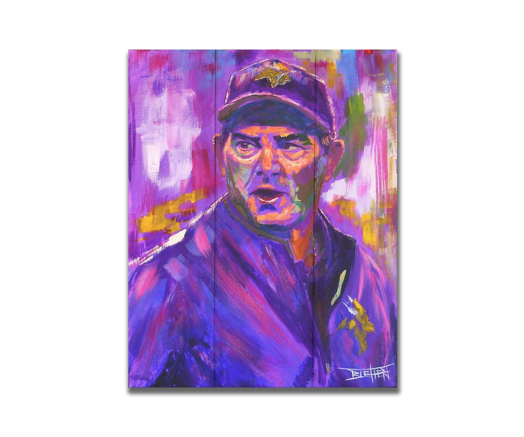 A portrait painting of Mike ZImmer as the head coach of the American football team the Minnesota Vikings. It is painted using a purple palette, the team's uniform color. Printed on a box board.