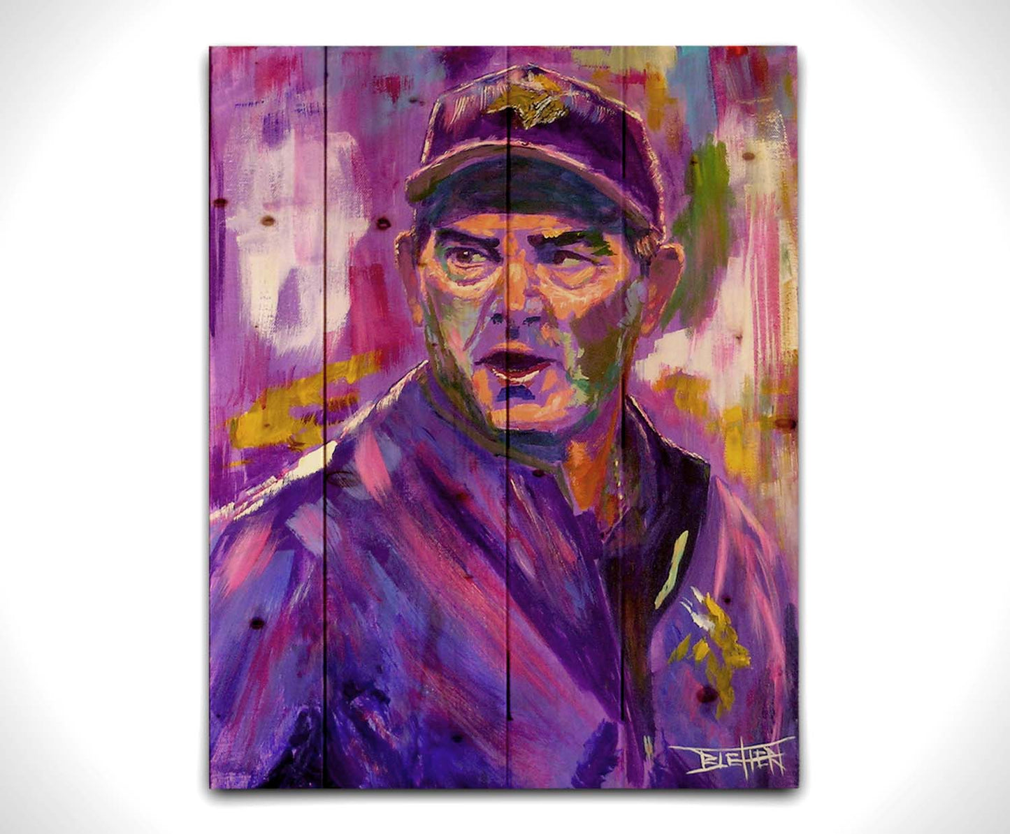 A portrait painting of Mike ZImmer as the head coach of the American football team the Minnesota Vikings. It is painted using a purple palette, the team's uniform color. Printed on a wood pallet.