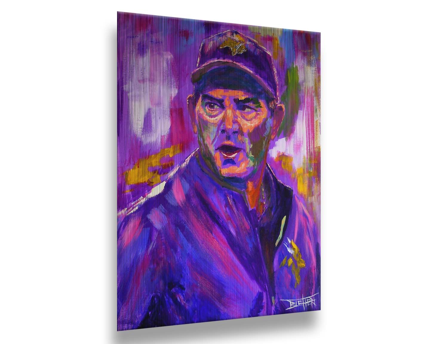 A portrait painting of Mike ZImmer as the head coach of the American football team the Minnesota Vikings. It is painted using a purple palette, the team's uniform color. Printed on metal.