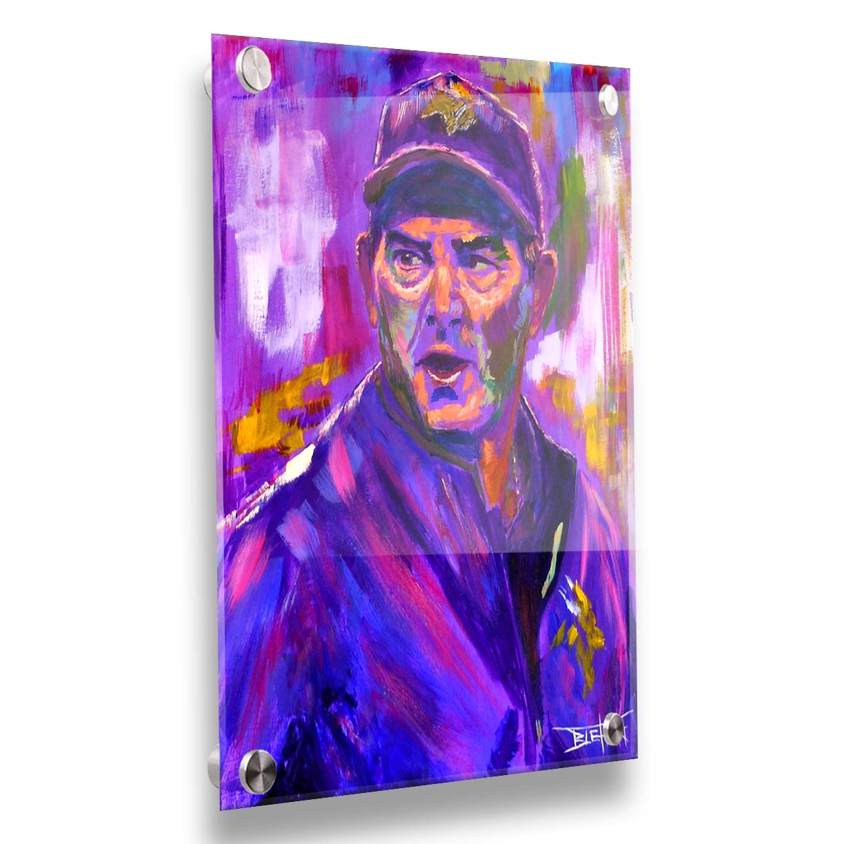 A portrait painting of Mike ZImmer as the head coach of the American football team the Minnesota Vikings. It is painted using a purple palette, the team's uniform color. Printed on acrylic.