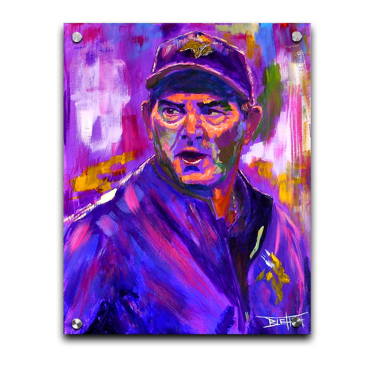 A portrait painting of Mike ZImmer as the head coach of the American football team the Minnesota Vikings. It is painted using a purple palette, the team's uniform color. Printed on acrylic.