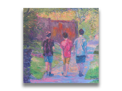 A painting of three children in t-shirts and shorts walking away from the viewer, down a sidewalk past a fence and well-pruned plants.  Printed on canvas.