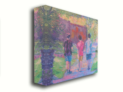 A painting of three children in t-shirts and shorts walking away from the viewer, down a sidewalk past a fence and well-pruned plants. Printed on canvas.