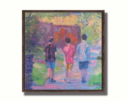 A painting of three children in t-shirts and shorts walking away from the viewer, down a sidewalk past a fence and well-pruned plants. Printed on canvas in a float frame.