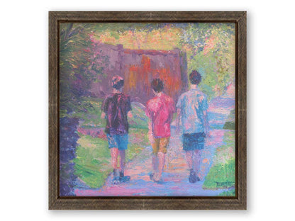 A painting of three children in t-shirts and shorts walking away from the viewer, down a sidewalk past a fence and well-pruned plants. Printed on canvas and framed.