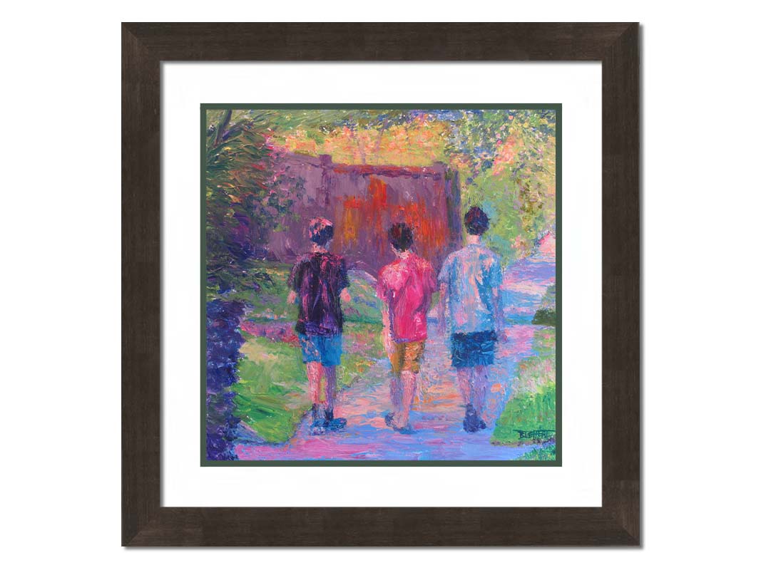 A painting of three children in t-shirts and shorts walking away from the viewer, down a sidewalk past a fence and well-pruned plants. Printed on paper, matted, and framed.