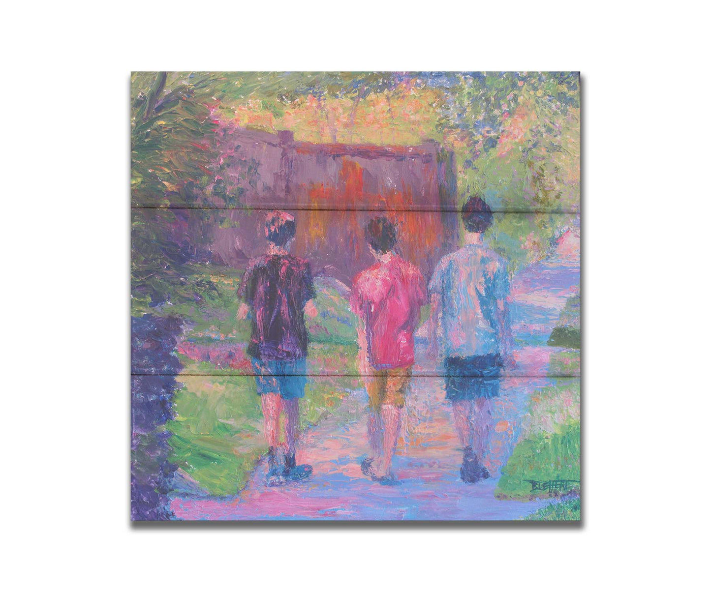 A painting of three children in t-shirts and shorts walking away from the viewer, down a sidewalk past a fence and well-pruned plants. Printed on a box board.