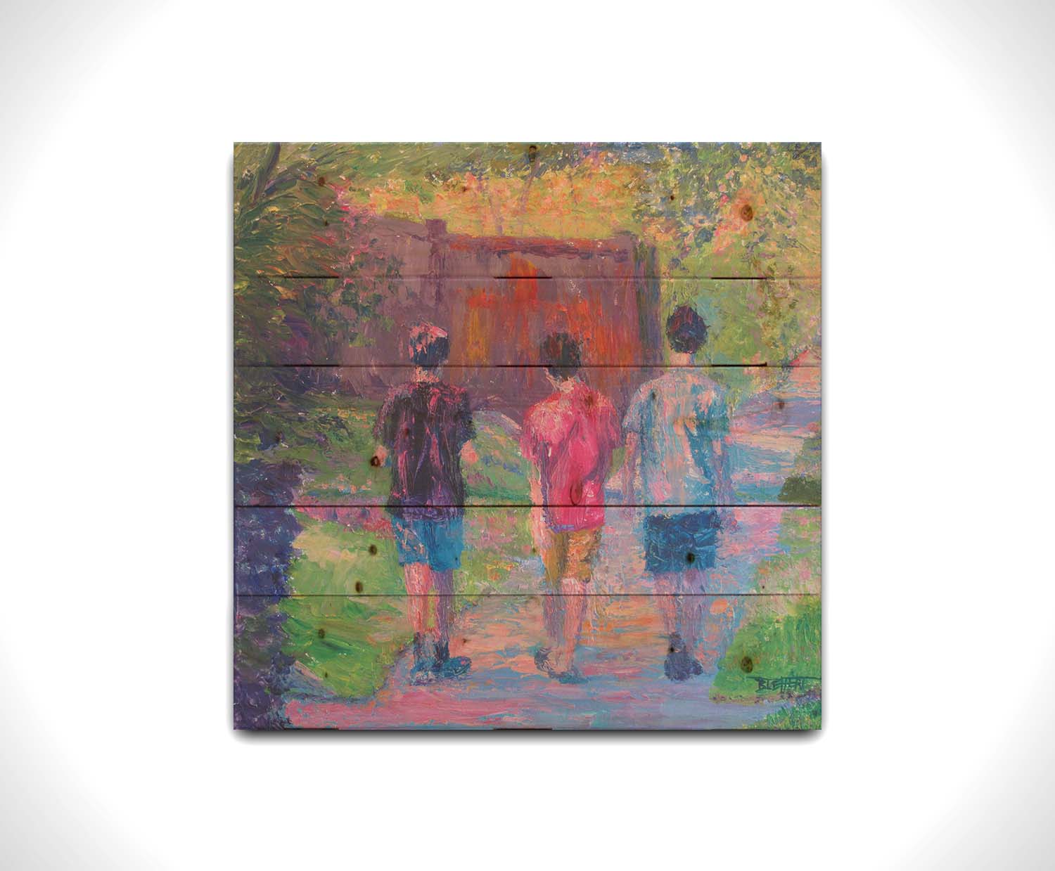 A painting of three children in t-shirts and shorts walking away from the viewer, down a sidewalk past a fence and well-pruned plants. Printed on a wood pallet.