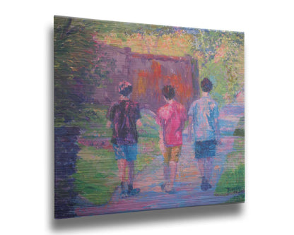 A painting of three children in t-shirts and shorts walking away from the viewer, down a sidewalk past a fence and well-pruned plants. Printed on metal.