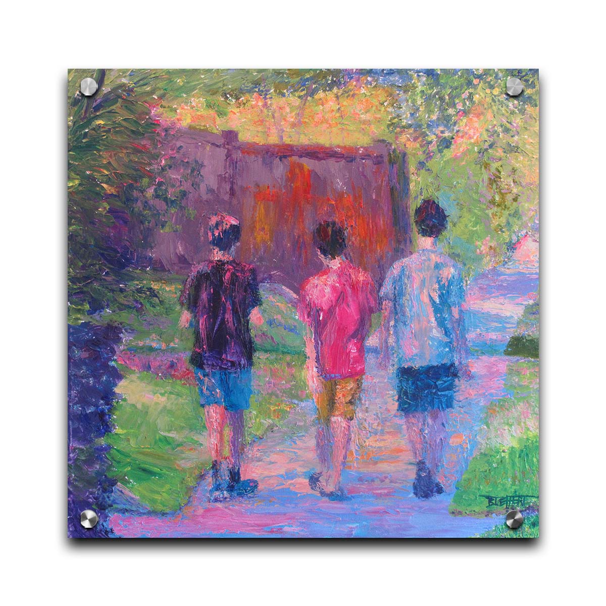 A painting of three children in t-shirts and shorts walking away from the viewer, down a sidewalk past a fence and well-pruned plants. Printed on acrylic.