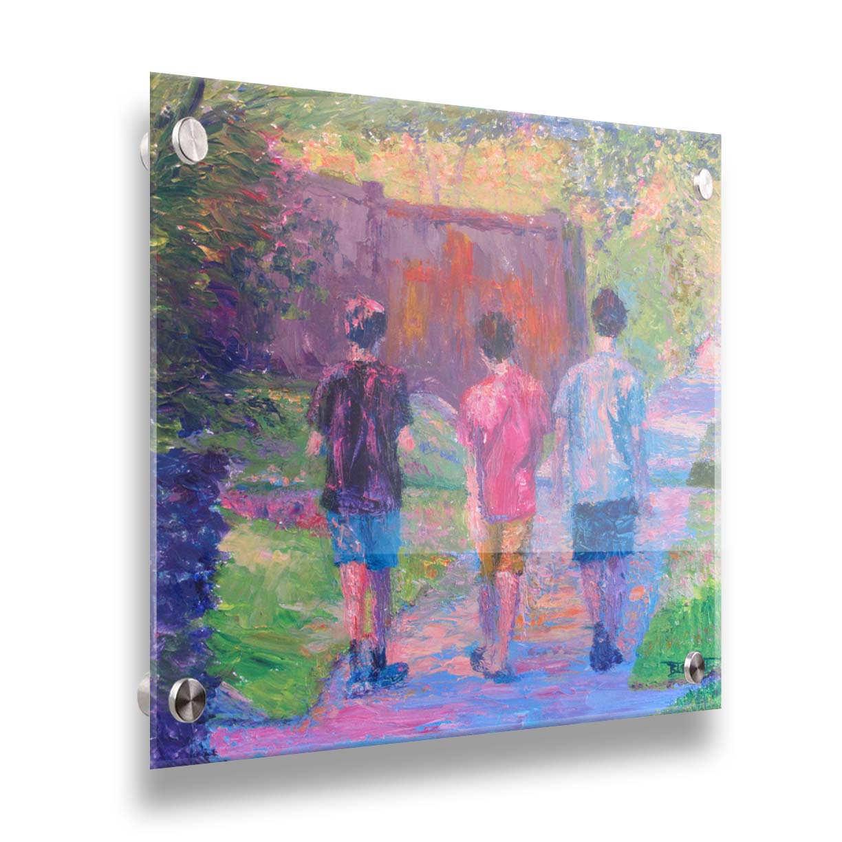 A painting of three children in t-shirts and shorts walking away from the viewer, down a sidewalk past a fence and well-pruned plants. Printed on acrylic.