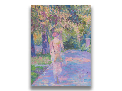 A painting of a woman walking her dog along a city sidewalk through a park. The leaved are turning yellow and red. Printed on canvas.