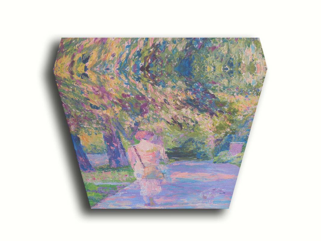 A painting of a woman walking her dog along a city sidewalk through a park. The leaved are turning yellow and red. Printed on canvas.