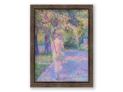 A painting of a woman walking her dog along a city sidewalk through a park. The leaved are turning yellow and red. Printed on canvas and framed.