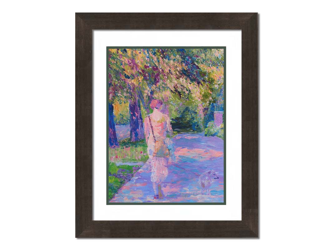 A painting of a woman walking her dog along a city sidewalk through a park. The leaved are turning yellow and red. Printed on paper, matted, and framed.