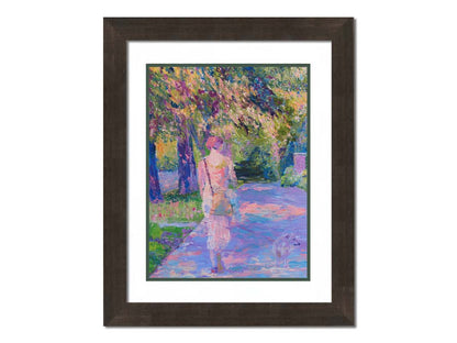 A painting of a woman walking her dog along a city sidewalk through a park. The leaved are turning yellow and red. Printed on paper, matted, and framed.