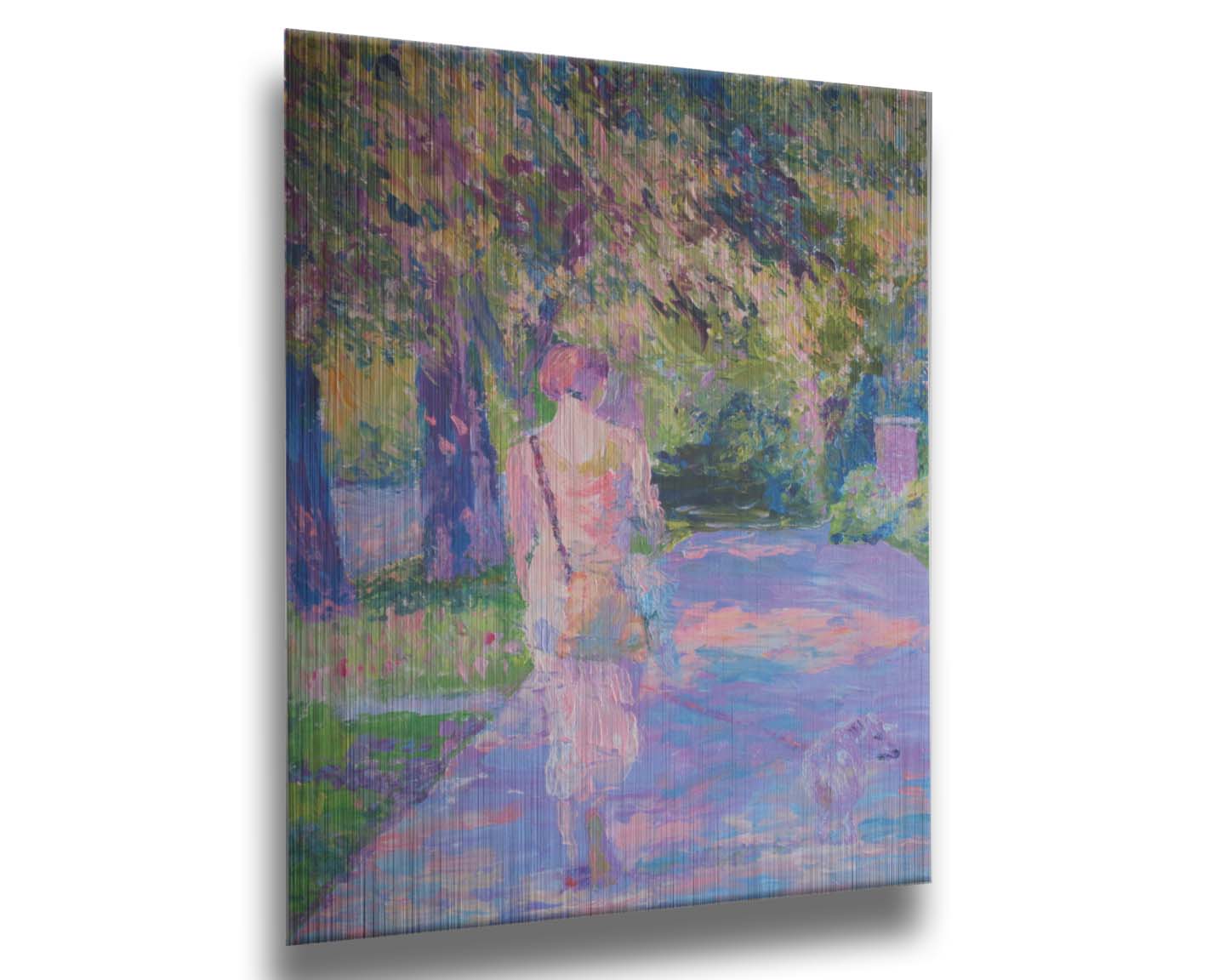 A painting of a woman walking her dog along a city sidewalk through a park. The leaved are turning yellow and red. Printed on metal.