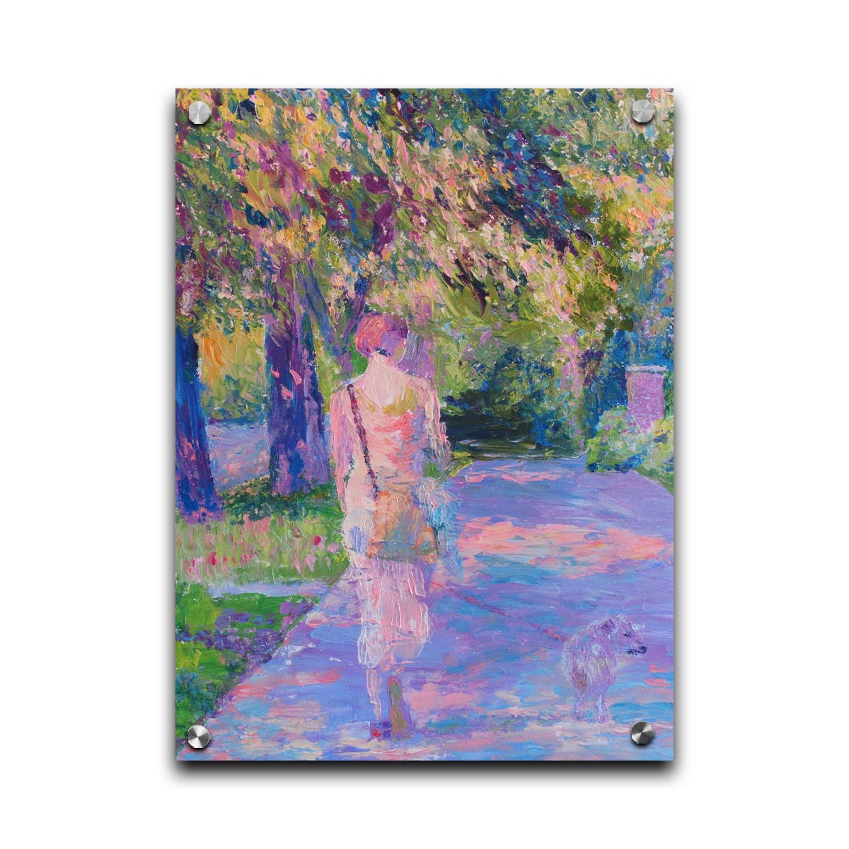 A painting of a woman walking her dog along a city sidewalk through a park. The leaved are turning yellow and red. Printed on acrylic.