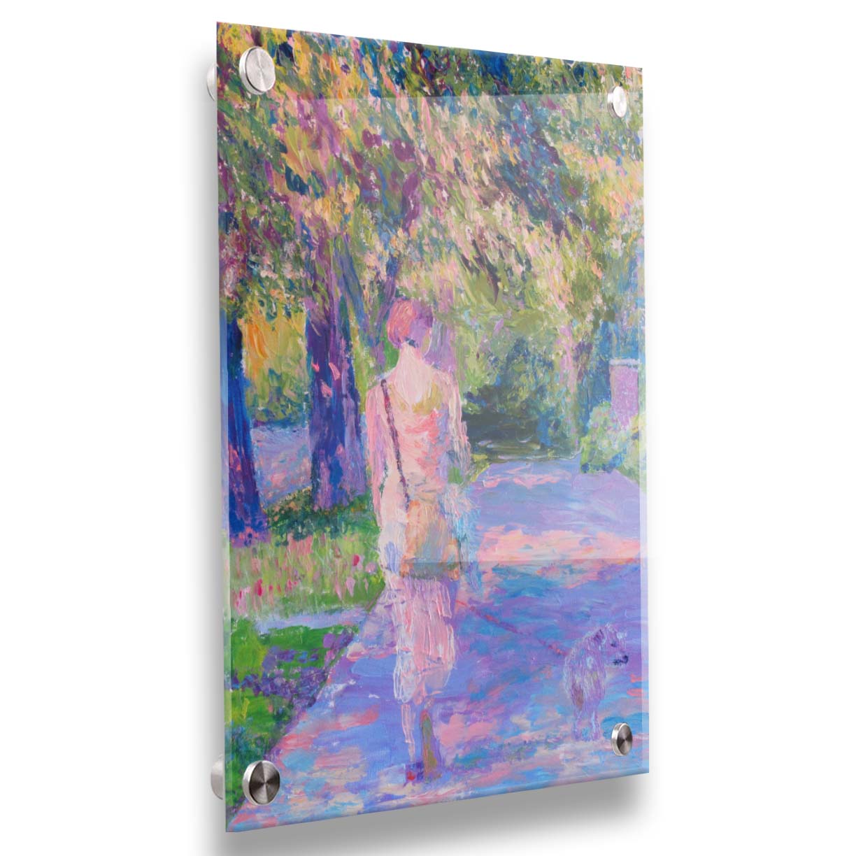 A painting of a woman walking her dog along a city sidewalk through a park. The leaved are turning yellow and red. Printed on acrylic.