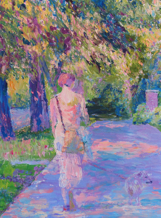 A painting of a woman walking her dog along a city sidewalk through a park. 