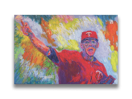 A painting of Minnesota Twins baseball pitcher JosÃ© Berrios throwing a ball. Printed on canvas.