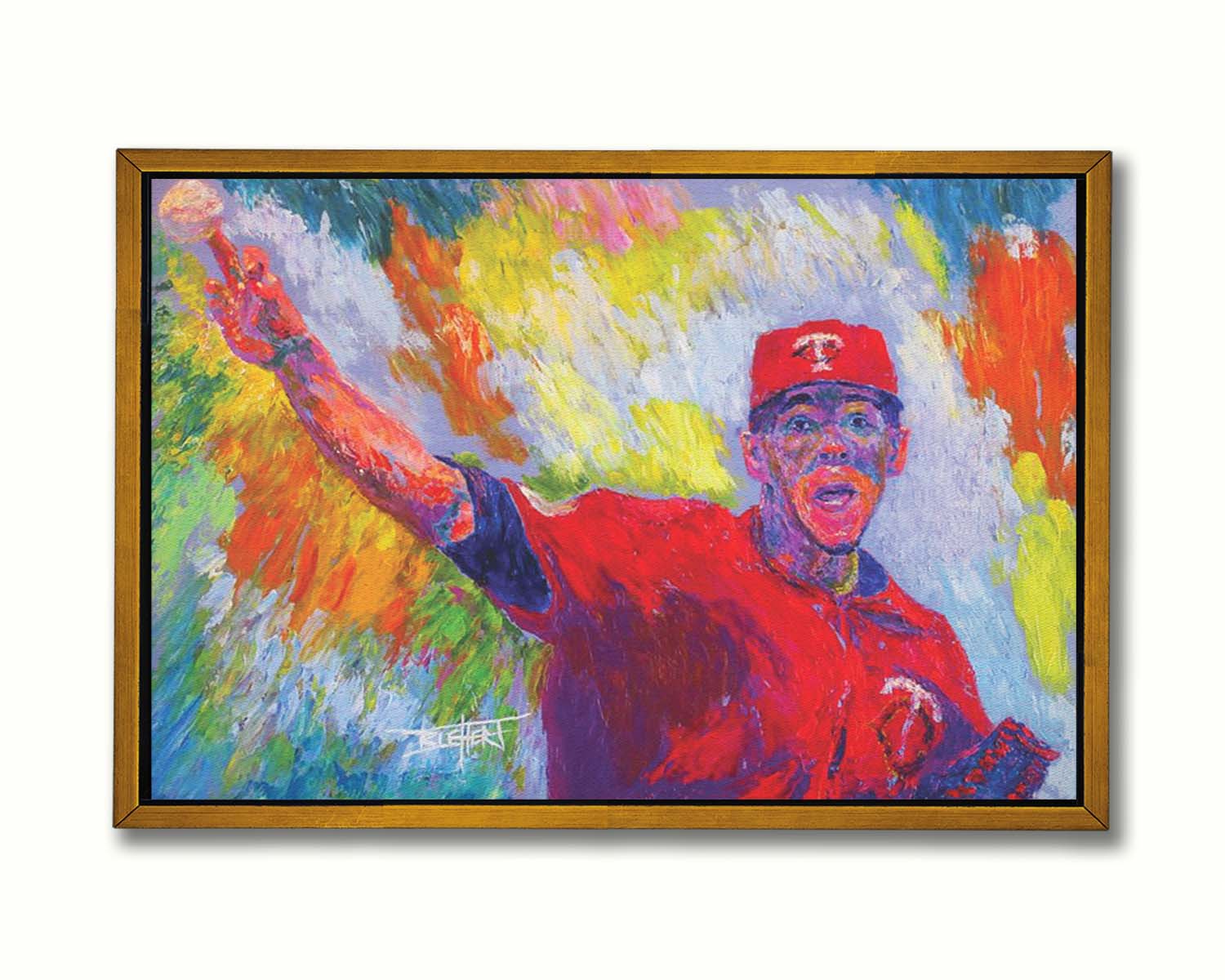 A painting of Minnesota Twins baseball pitcher JosÃ© Berrios throwing a ball. Printed on canvas in a float frame.