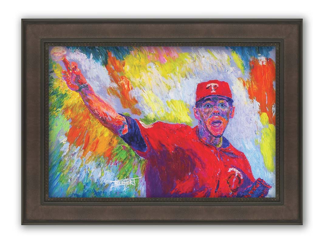 A painting of Minnesota Twins baseball pitcher JosÃ© Berrios throwing a ball. Printed on canvas and framed.