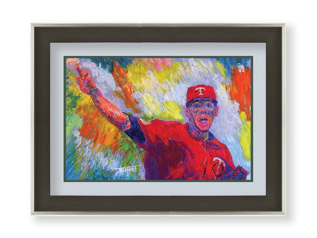 A painting of Minnesota Twins baseball pitcher JosÃ© Berrios throwing a ball. Printed on paper, matted, and framed.