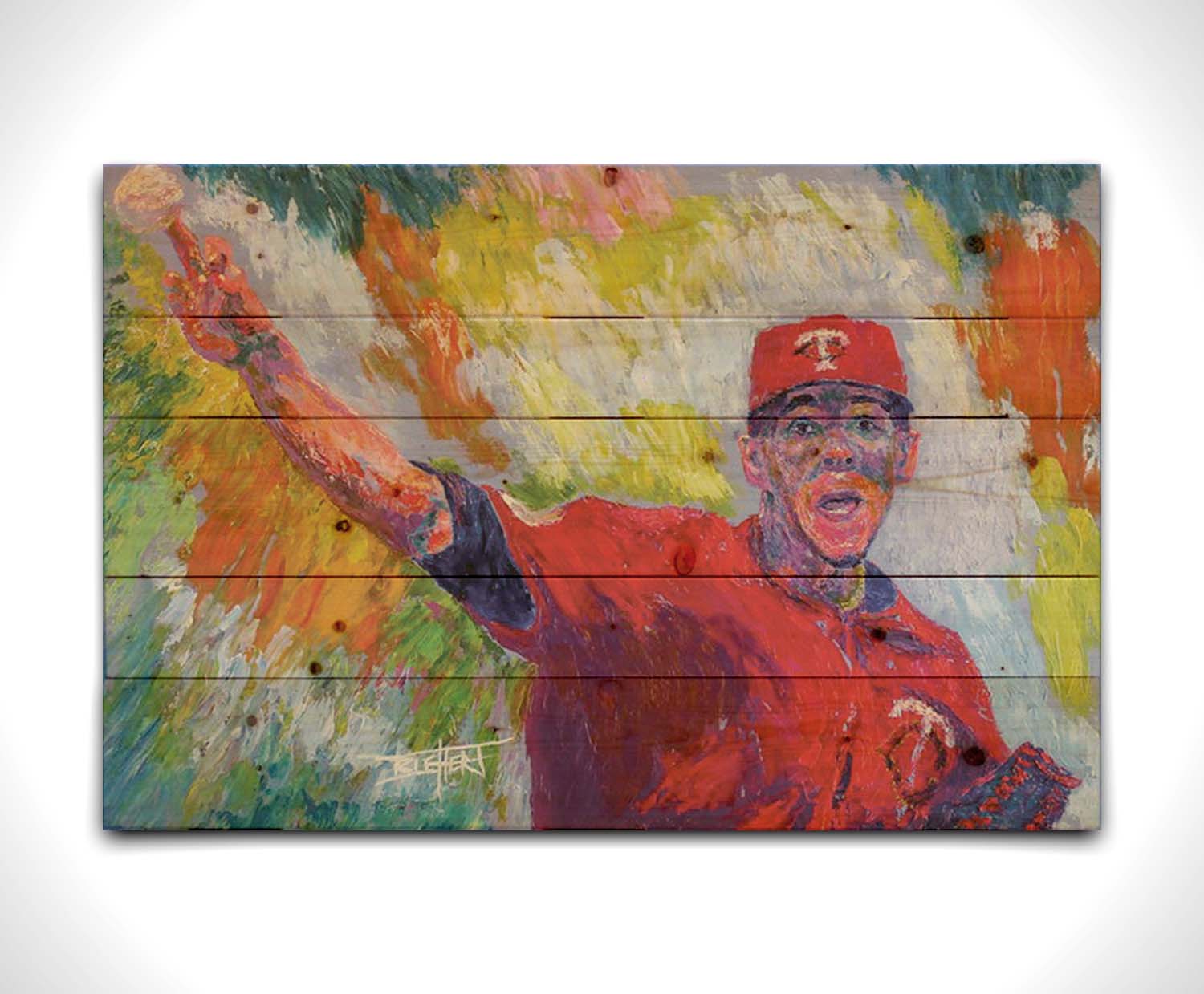 A painting of Minnesota Twins baseball pitcher JosÃ© Berrios throwing a ball. Printed on a wood pallet.