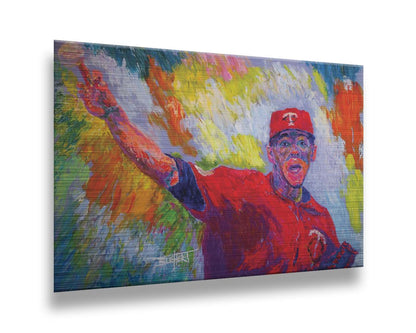 A painting of Minnesota Twins baseball pitcher JosÃ© Berrios throwing a ball. Printed on metal.