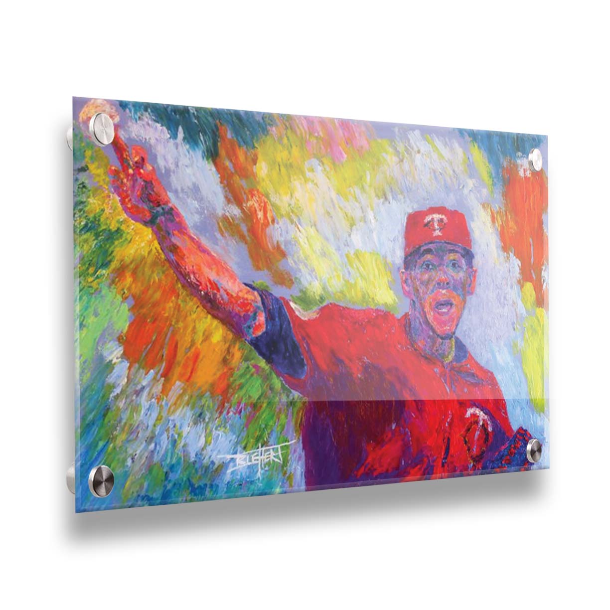 A painting of Minnesota Twins baseball pitcher JosÃ© Berrios throwing a ball. Printed on acrylic.