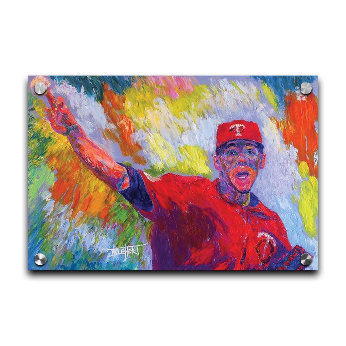 A painting of Minnesota Twins baseball pitcher JosÃ© Berrios throwing a ball. Printed on acrylic.