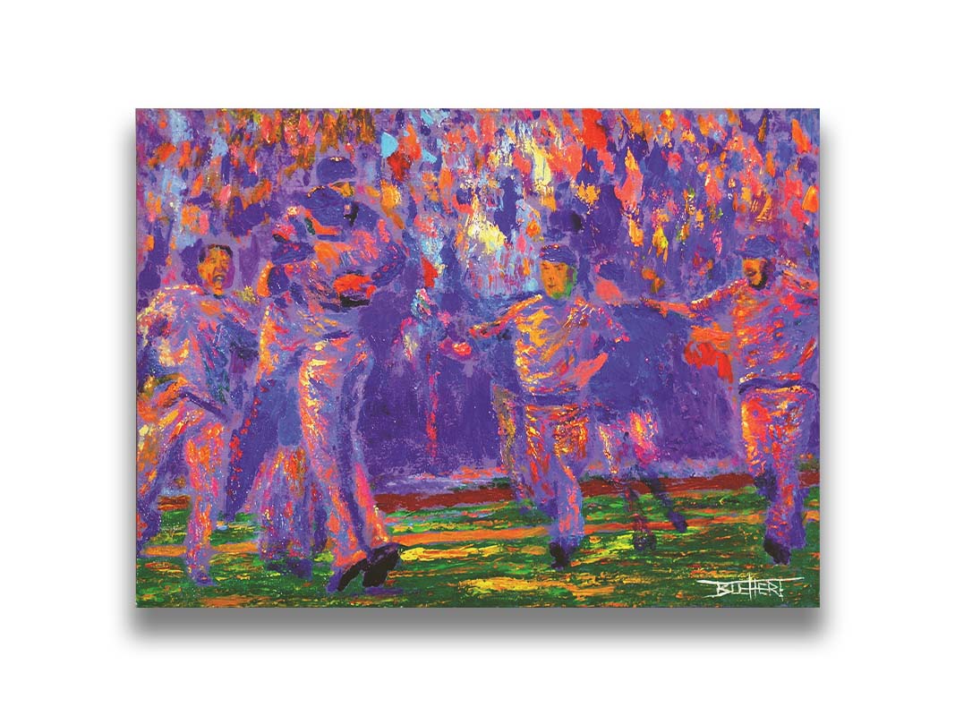 A painting of the Kansas City Royals baseball team, celebrating after a game by running onto the field and hugging. Printed on canvas.