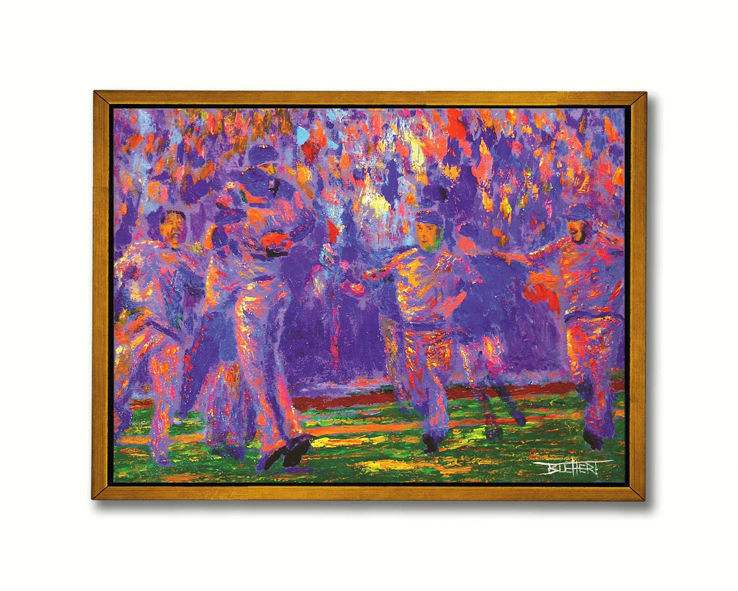 A painting of the Kansas City Royals baseball team, celebrating after a game by running onto the field and hugging. Printed on canvas in a float frame.