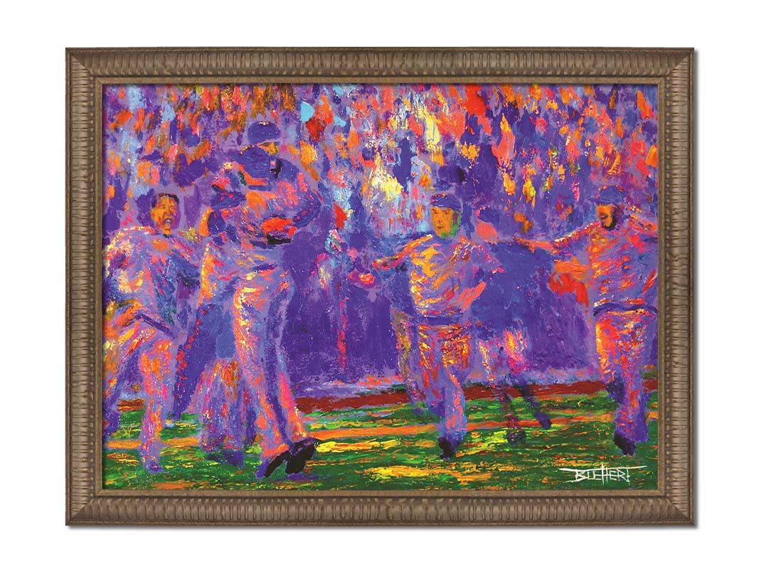 A painting of the Kansas City Royals baseball team, celebrating after a game by running onto the field and hugging. Printed on canvas and framed.