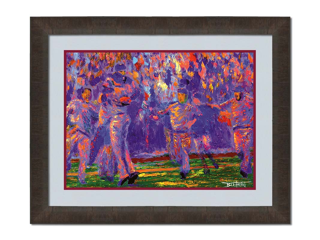 A painting of the Kansas City Royals baseball team, celebrating after a game by running onto the field and hugging. Printed on paper, matted, and framed.