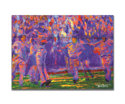 A painting of the Kansas City Royals baseball team, celebrating after a game by running onto the field and hugging. Printed on a box board.