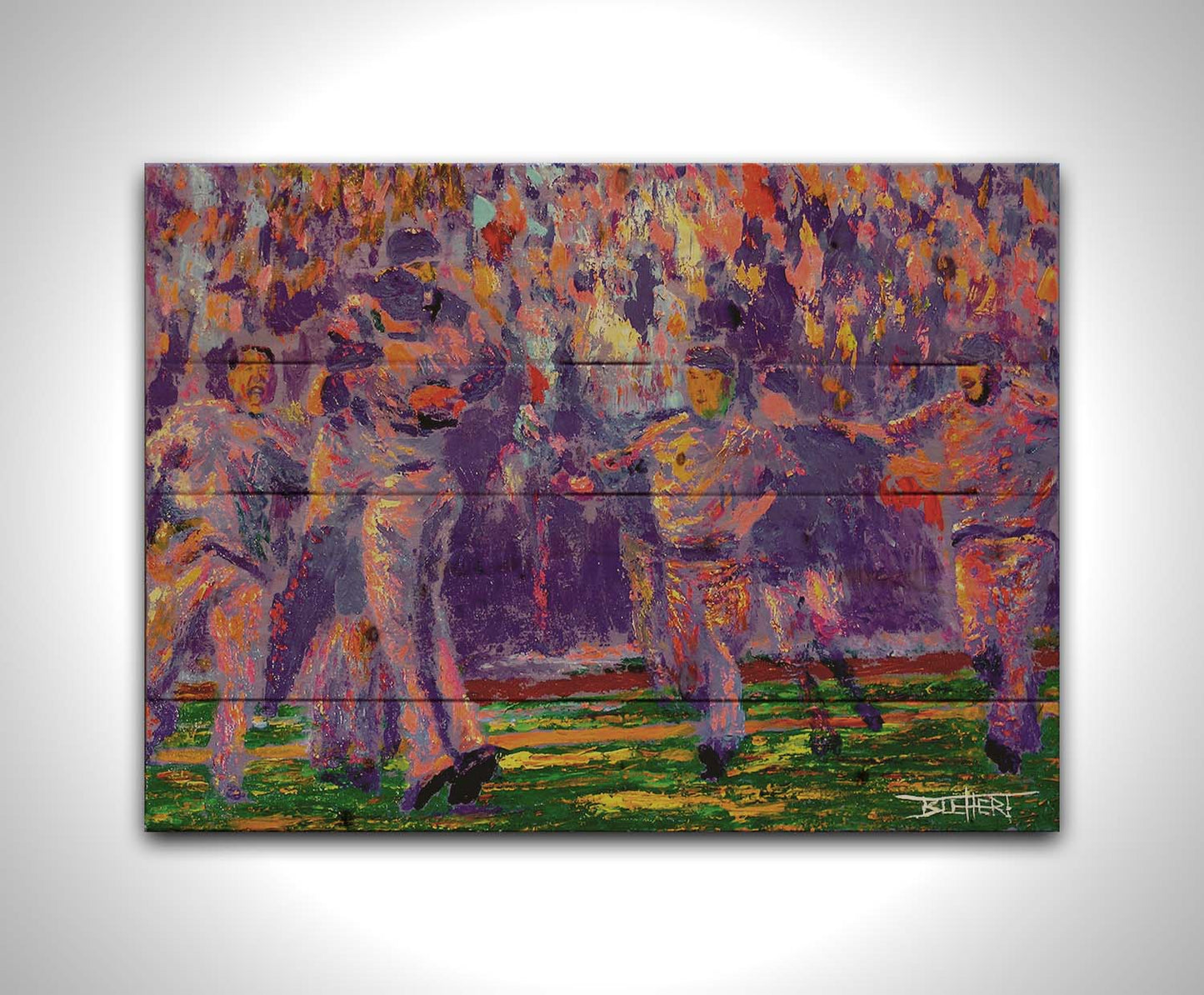 A painting of the Kansas City Royals baseball team, celebrating after a game by running onto the field and hugging. Printed on a wood pallet.