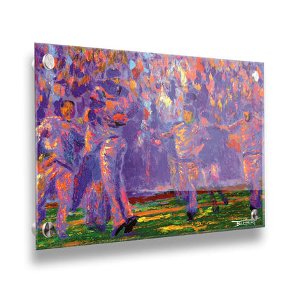 A painting of the Kansas City Royals baseball team, celebrating after a game by running onto the field and hugging. Printed on acrylic.