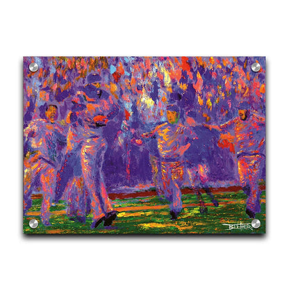 A painting of the Kansas City Royals baseball team, celebrating after a game by running onto the field and hugging. Printed on acrylic.