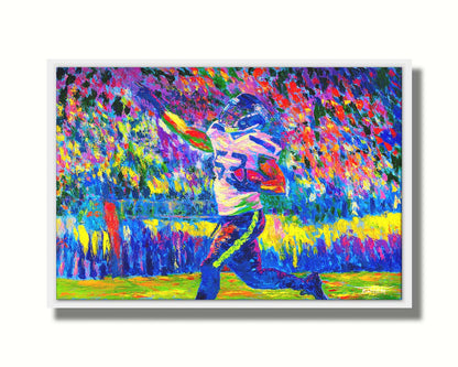 A painting of Seattle Seahawks player 53 running with the ball. Printed on canvas in a float frame.