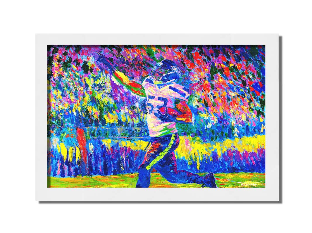 A painting of Seattle Seahawks player 53 running with the ball. Printed on canvas and framed.