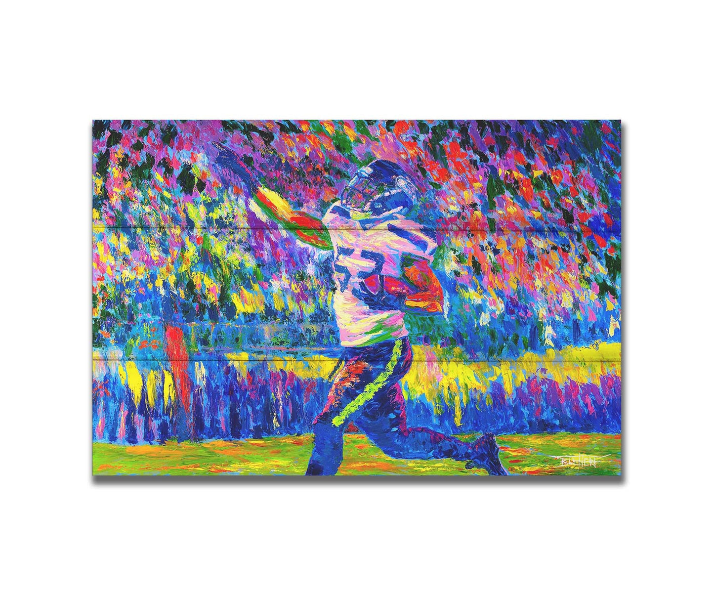 A painting of Seattle Seahawks player 53 running with the ball. Printed on a box board.