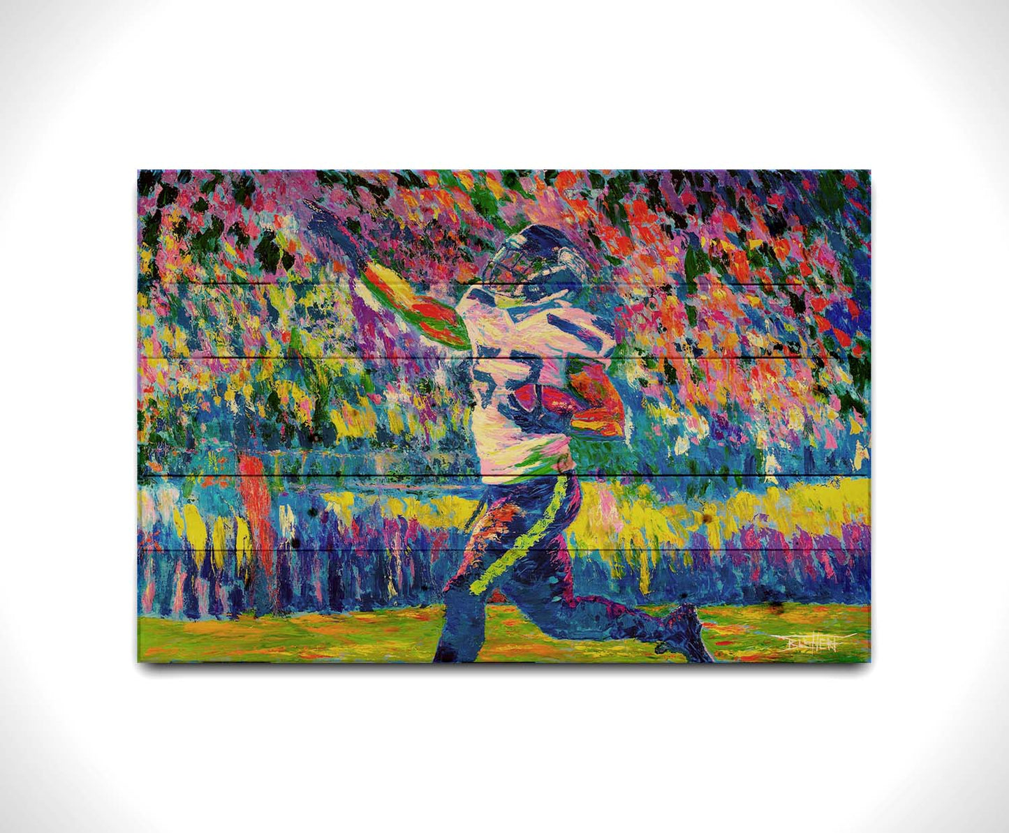 A painting of Seattle Seahawks player 53 running with the ball. Printed on a wood pallet.