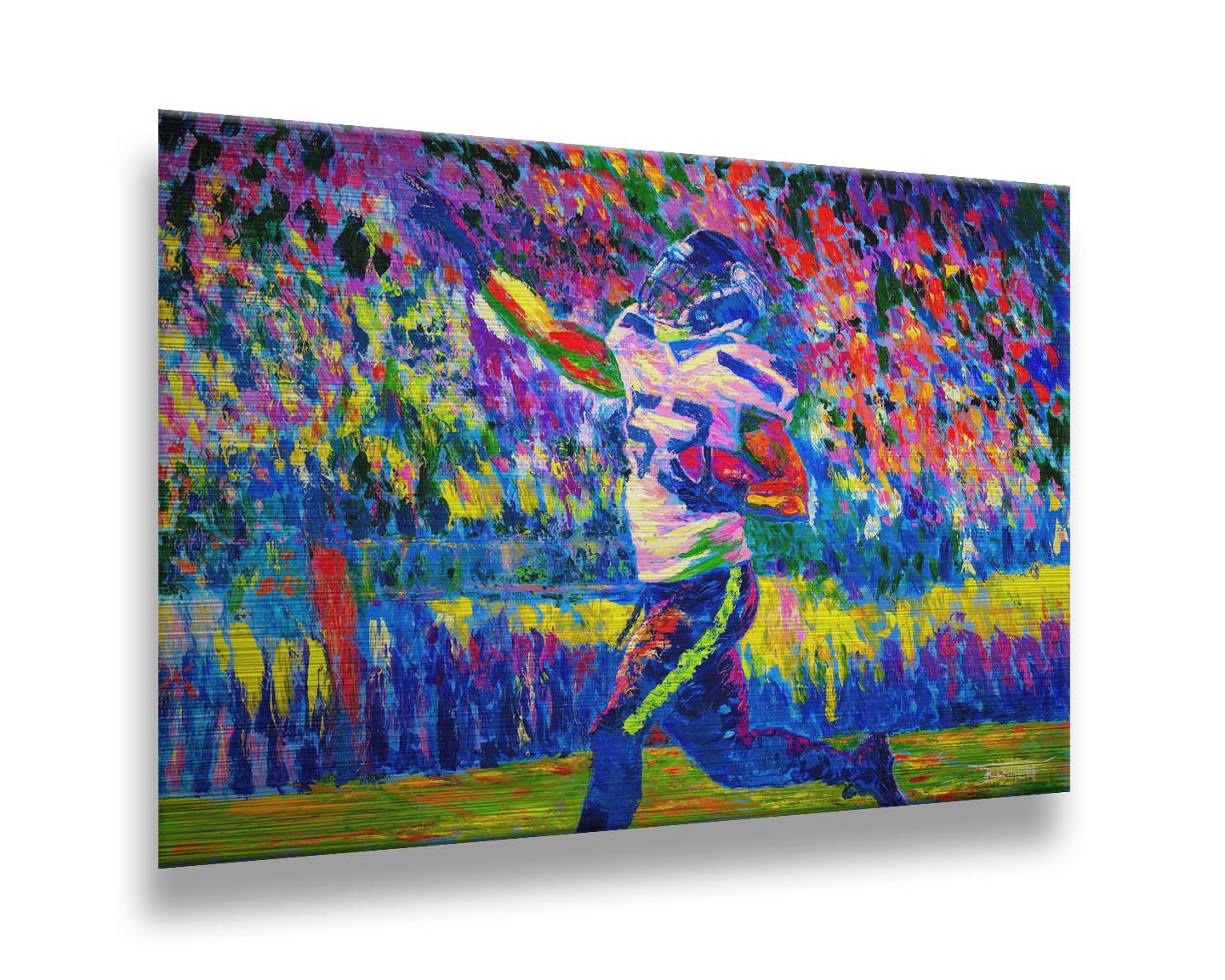 A painting of Seattle Seahawks player 53 running with the ball. Printed on metal.