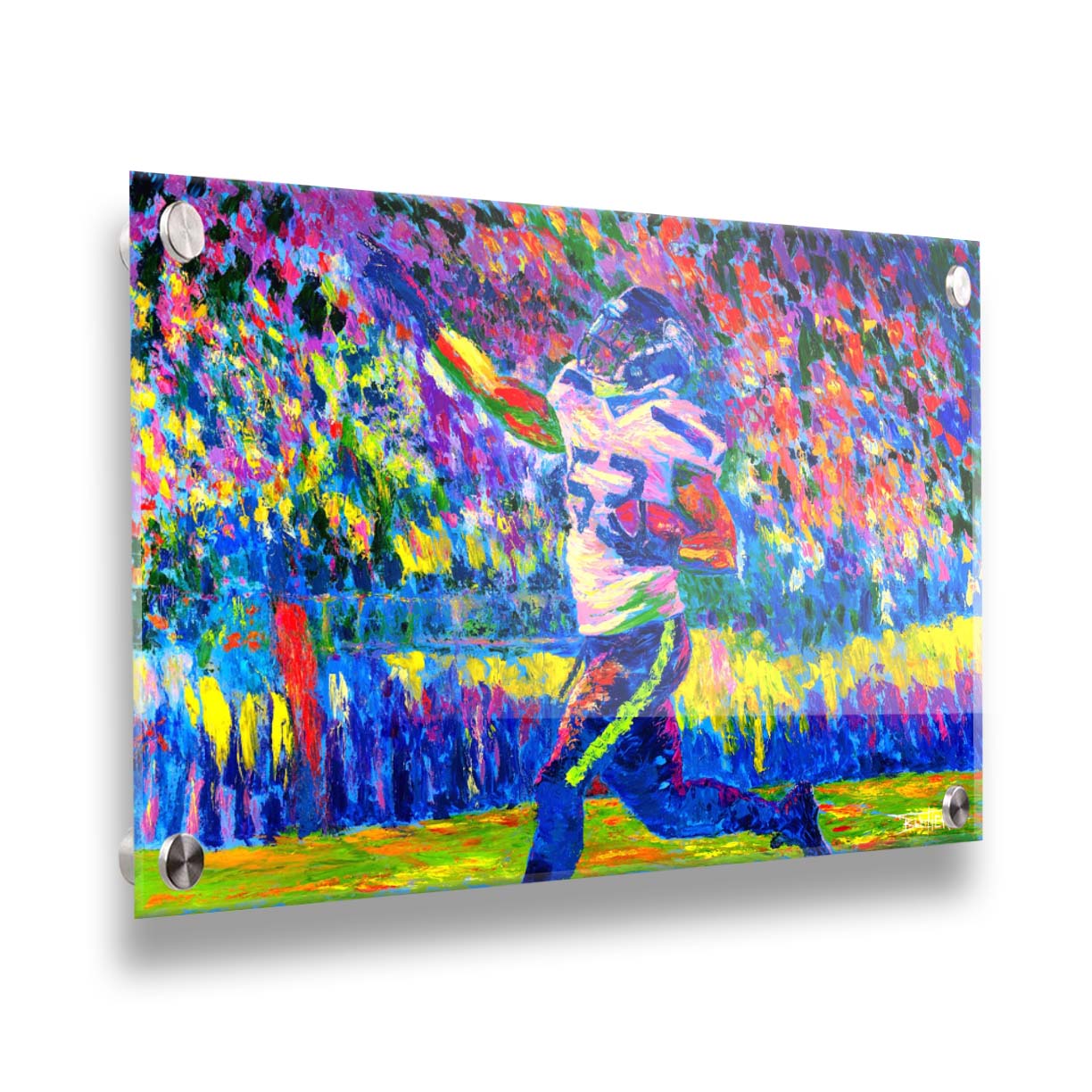 A painting of Seattle Seahawks player 53 running with the ball. Printed on acrylic.