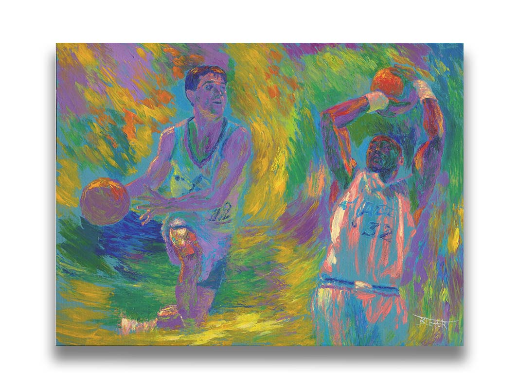 A painting of two Utah Jazz basketball playersâ€“ John Stockton and Karl Maloneâ€“ collaged together against an abstract background of yellow, green, blue, and purple brushstrokes. Printed on canvas.