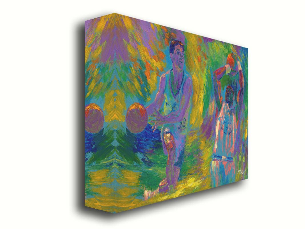 A painting of two Utah Jazz basketball playersâ€“ John Stockton and Karl Maloneâ€“ collaged together against an abstract background of yellow, green, blue, and purple brushstrokes. Printed on canvas.