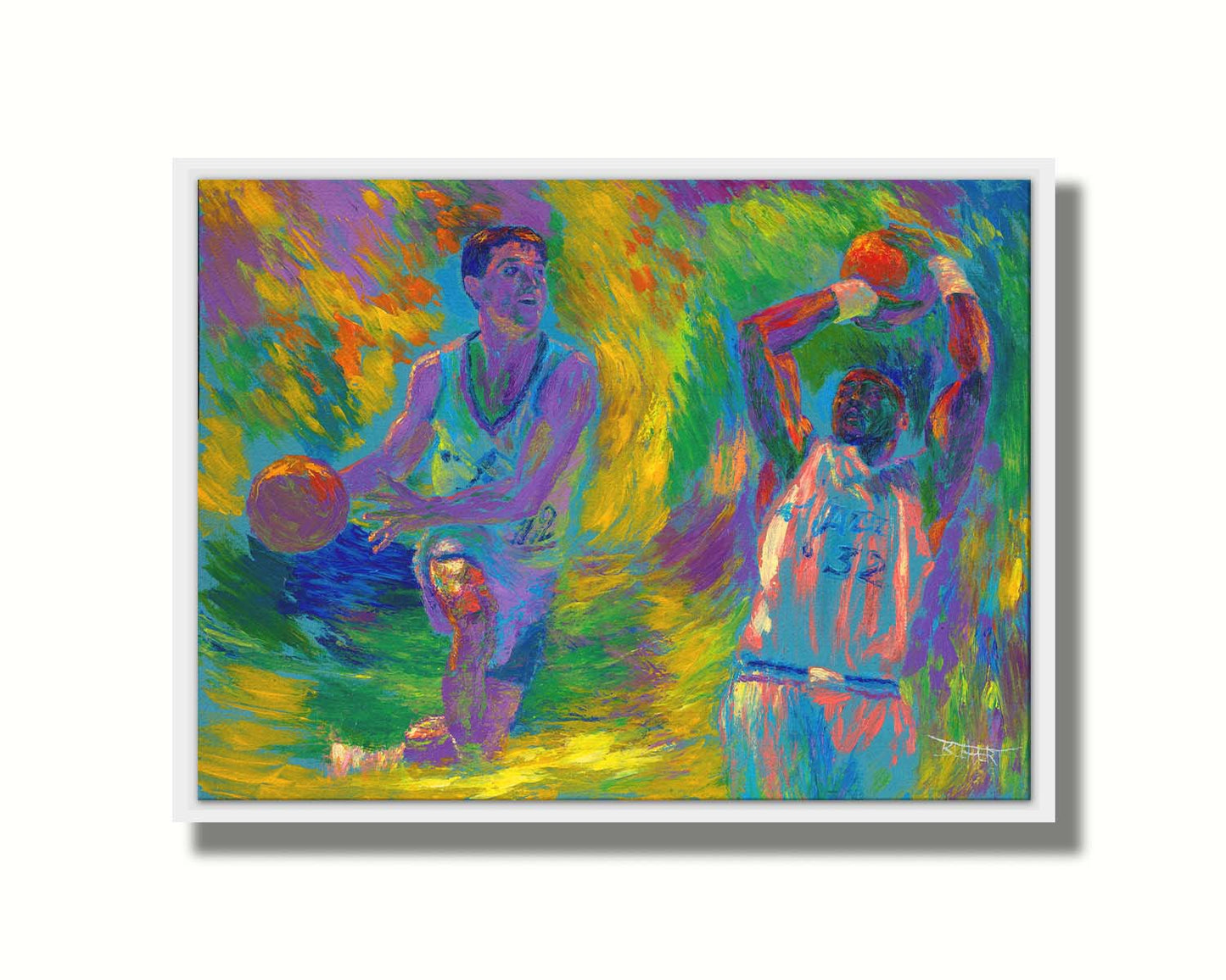 A painting of two Utah Jazz basketball playersâ€“ John Stockton and Karl Maloneâ€“ collaged together against an abstract background of yellow, green, blue, and purple brushstrokes. Printed on canvas in a float frame.