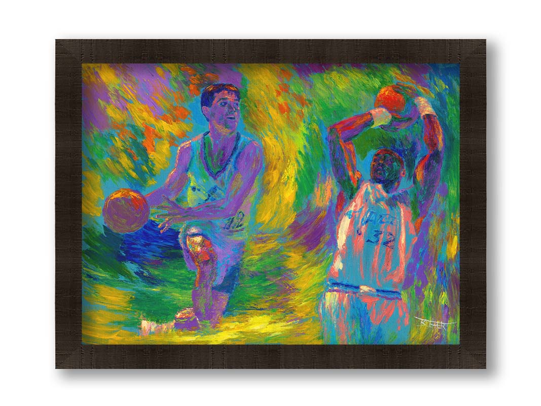 A painting of two Utah Jazz basketball playersâ€“ John Stockton and Karl Maloneâ€“ collaged together against an abstract background of yellow, green, blue, and purple brushstrokes. Printed on canvas and framed.